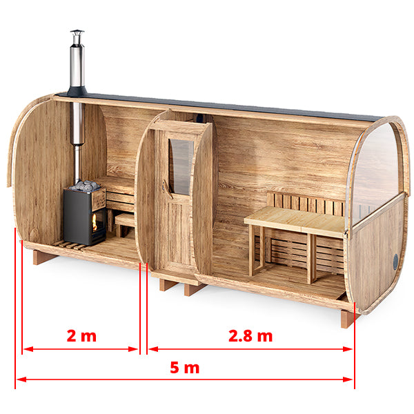 Baltresto S5P Barrel Sauna (6 Person) – Thermowood Sauna with Relaxation Room