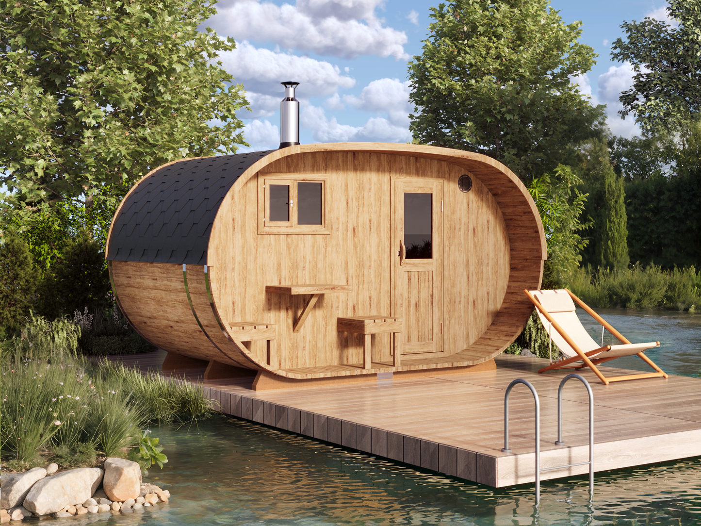 Baltresto S424 Oval Sauna (4 Person) – Thermowood Outdoor Sauna with Changing Room